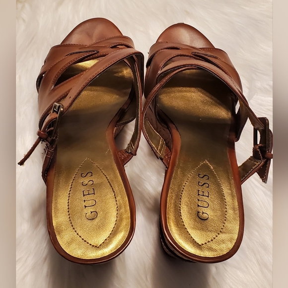 Guess Barclay Brown Leather Cork Wedge Platform Slip On Sandal Heels Size 10 - Picture 3 of 8